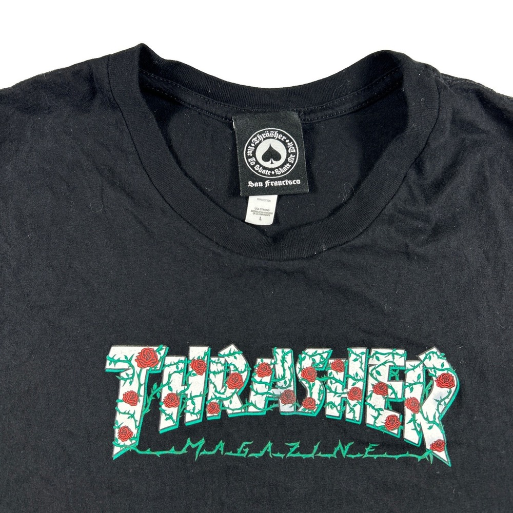 Thrasher Magazine Mens Rose Vine Graphic T-Shirt Black Size Large Skateboarding
